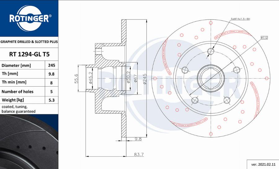 Rotinger RT 1294-GL T5 - Тормозной диск autospares.lv