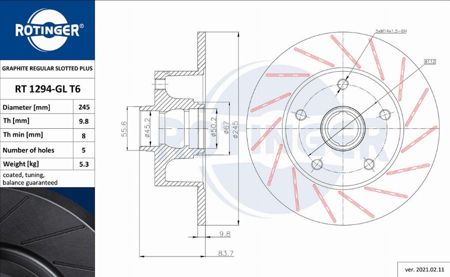 Rotinger RT 1294-GL T6 - Тормозной диск autospares.lv