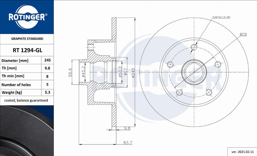 Rotinger RT 1294-GL - Тормозной диск autospares.lv