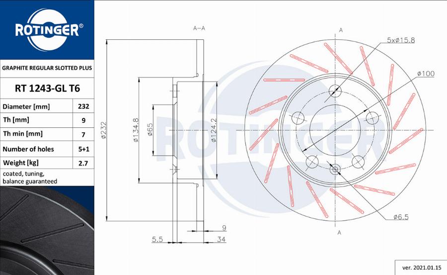 Rotinger RT 1243-GL T6 - Тормозной диск autospares.lv