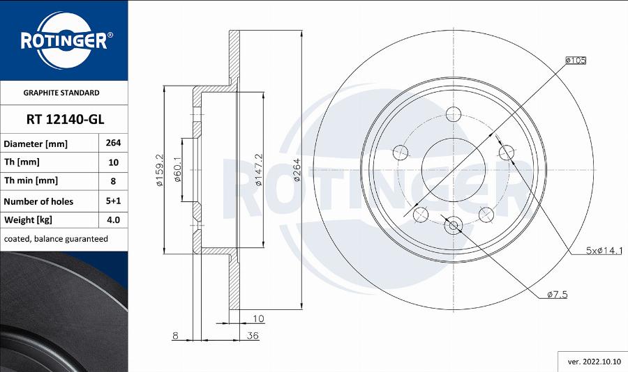 Rotinger RT 12140-GL - Тормозной диск autospares.lv