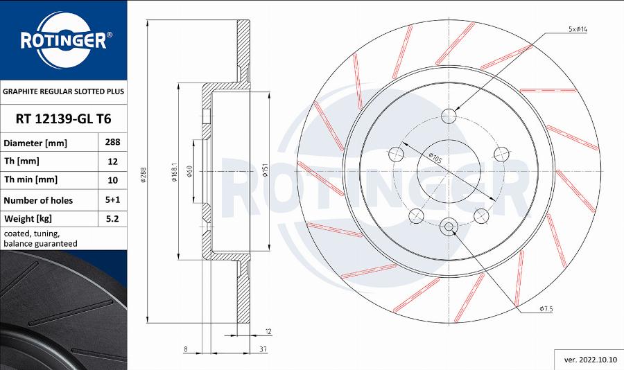 Rotinger RT 12139-GL T6 - Тормозной диск autospares.lv