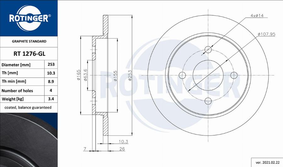 Rotinger RT 1276-GL - Тормозной диск autospares.lv