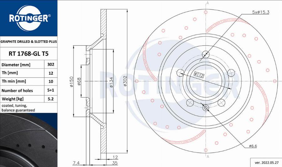 Rotinger RT 1768-GL T5 - Тормозной диск autospares.lv