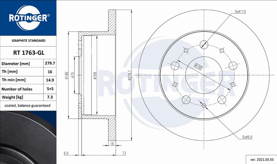 Rotinger RT 1763-GL - Тормозной диск autospares.lv