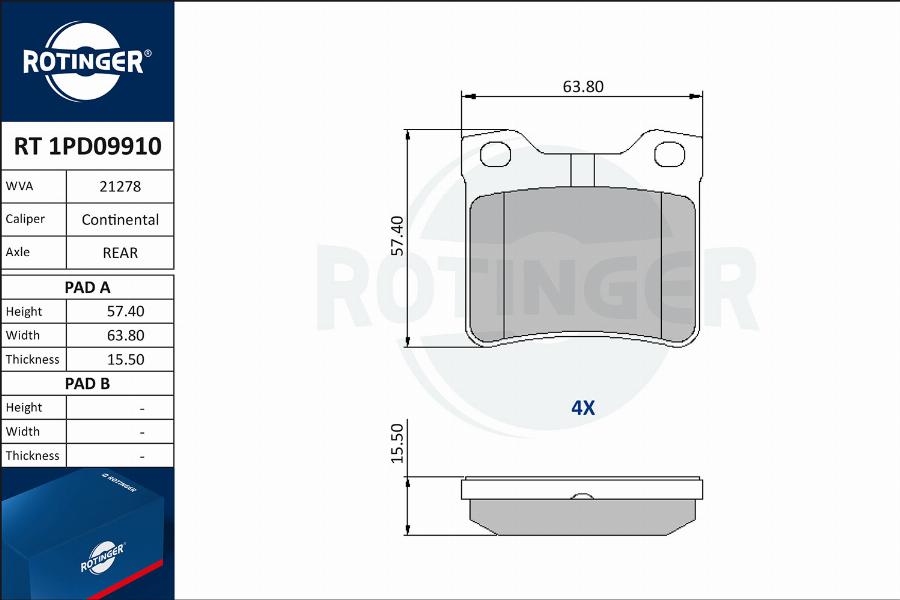 Rotinger RT 1PD09910 - Тормозные колодки, дисковые, комплект autospares.lv