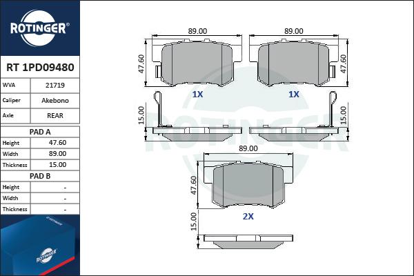 Rotinger RT 1PD09480 - Тормозные колодки, дисковые, комплект autospares.lv