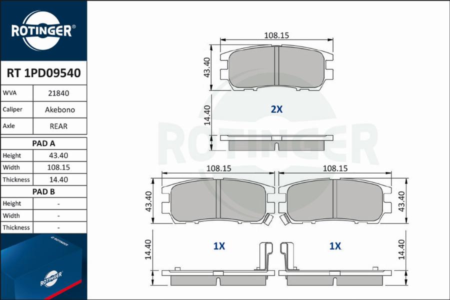 Rotinger RT 1PD09540 - Тормозные колодки, дисковые, комплект autospares.lv