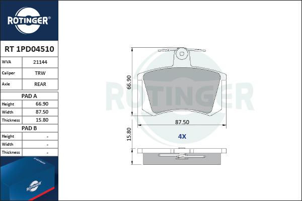 Rotinger RT 1PD04510 - Тормозные колодки, дисковые, комплект autospares.lv