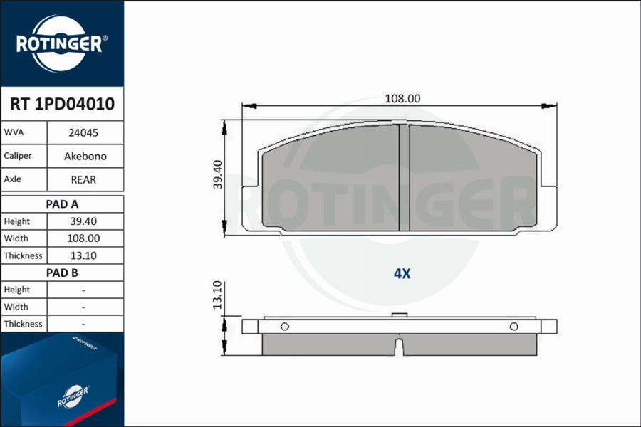 Rotinger RT 1PD04010 - Тормозные колодки, дисковые, комплект autospares.lv