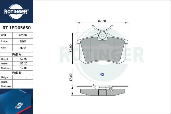 Rotinger RT 1PD05650 - Тормозные колодки, дисковые, комплект autospares.lv