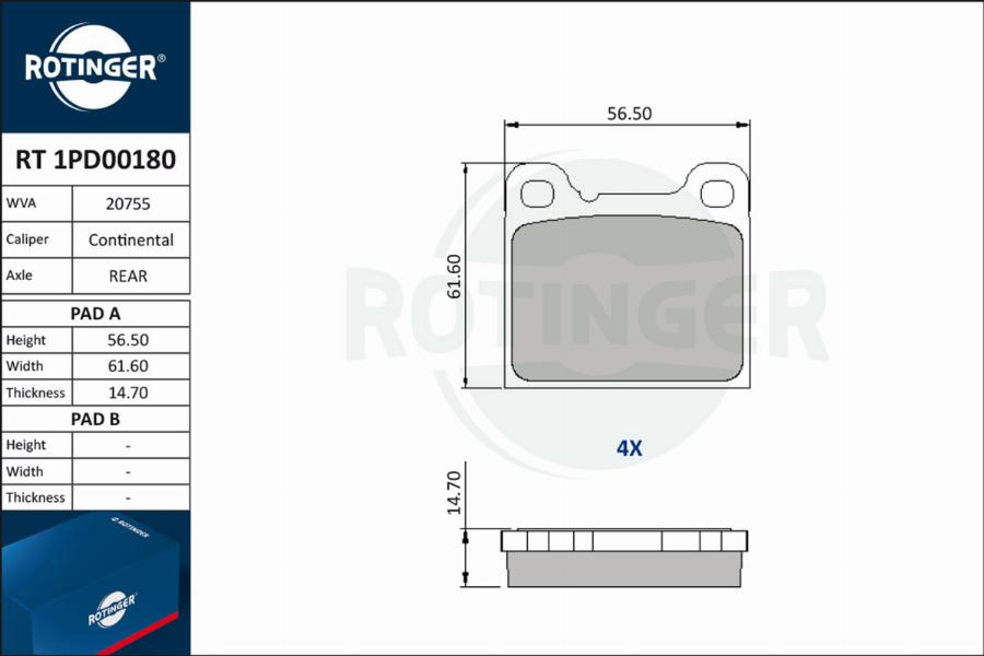 Rotinger RT 1PD00180 - Тормозные колодки, дисковые, комплект autospares.lv
