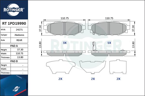 Rotinger RT 1PD19990 - Тормозные колодки, дисковые, комплект autospares.lv