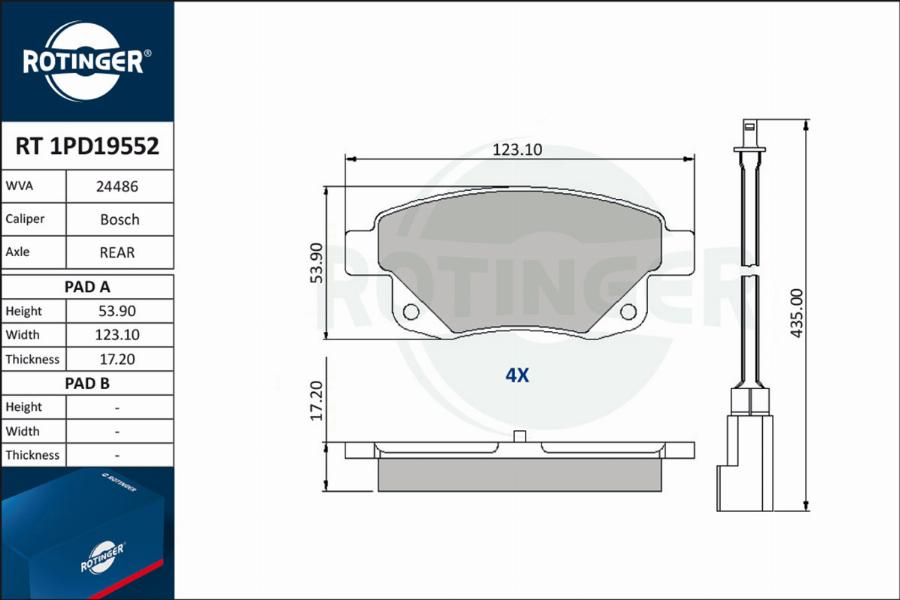 Rotinger RT 1PD19552 - Тормозные колодки, дисковые, комплект autospares.lv