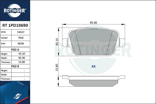 Rotinger RT 1PD19690 - Тормозные колодки, дисковые, комплект autospares.lv