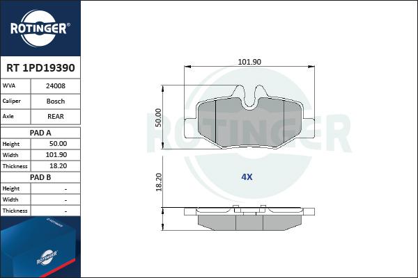 Rotinger RT 1PD19390 - Тормозные колодки, дисковые, комплект autospares.lv