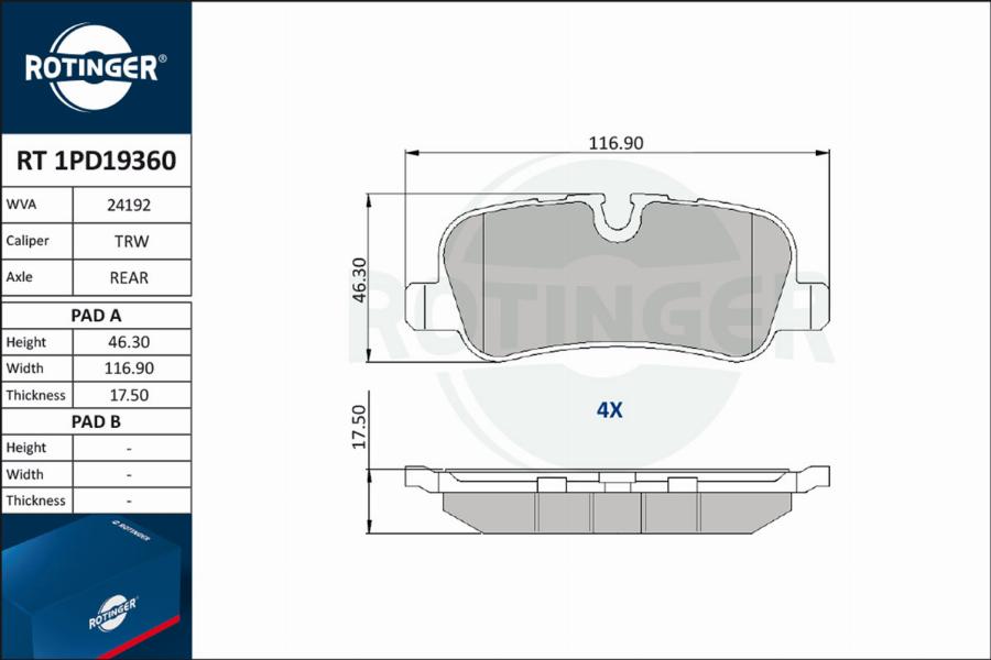 Rotinger RT 1PD19360 - Тормозные колодки, дисковые, комплект autospares.lv