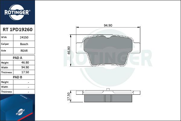 Rotinger RT 1PD19260 - Тормозные колодки, дисковые, комплект autospares.lv