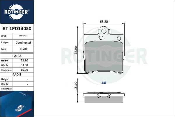 Rotinger RT 1PD14030 - Тормозные колодки, дисковые, комплект autospares.lv