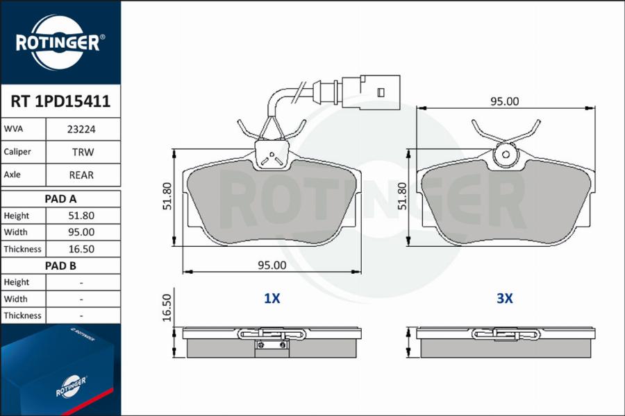 Rotinger RT 1PD15411 - Тормозные колодки, дисковые, комплект autospares.lv