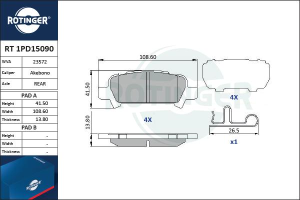 Rotinger RT 1PD15090 - Тормозные колодки, дисковые, комплект autospares.lv