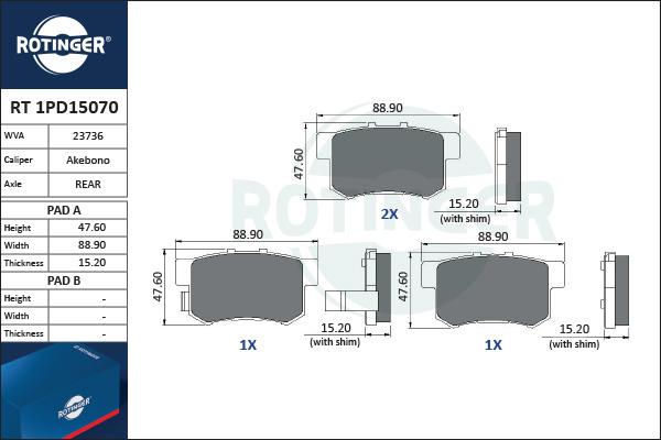 Rotinger RT 1PD15070 - Тормозные колодки, дисковые, комплект autospares.lv