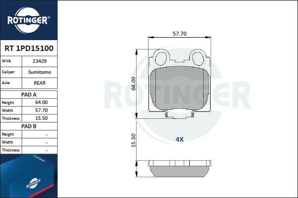 Rotinger RT 1PD15100 - Тормозные колодки, дисковые, комплект autospares.lv