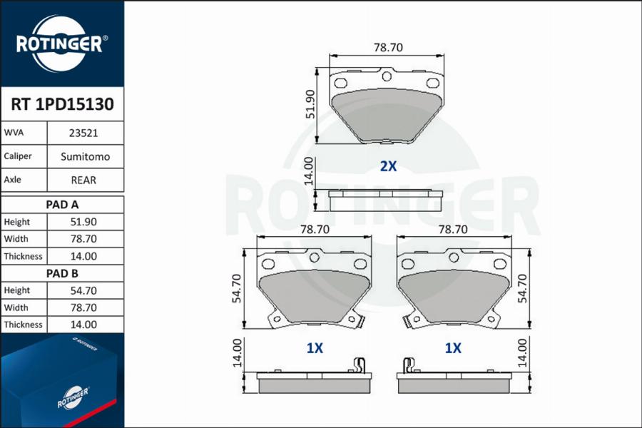 Rotinger RT 1PD15130 - Тормозные колодки, дисковые, комплект autospares.lv