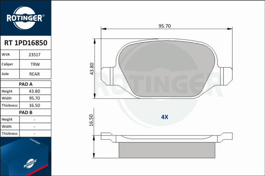 Rotinger RT 1PD16850 - Тормозные колодки, дисковые, комплект autospares.lv