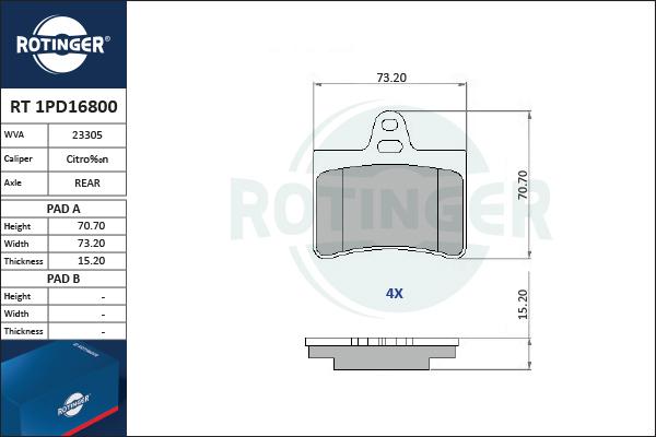 Rotinger RT 1PD16800 - Тормозные колодки, дисковые, комплект autospares.lv