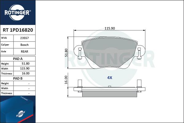 Rotinger RT 1PD16820 - Тормозные колодки, дисковые, комплект autospares.lv