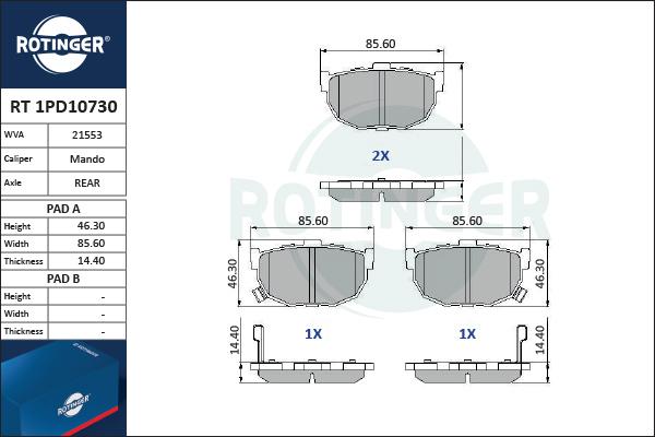 Rotinger RT 1PD10730 - Тормозные колодки, дисковые, комплект autospares.lv