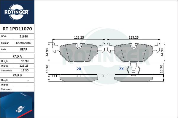 Rotinger RT 1PD11070 - Тормозные колодки, дисковые, комплект autospares.lv