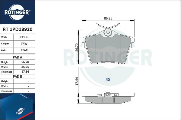 Rotinger RT 1PD18920 - Тормозные колодки, дисковые, комплект autospares.lv