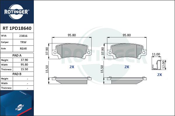 Rotinger RT 1PD18640 - Тормозные колодки, дисковые, комплект autospares.lv