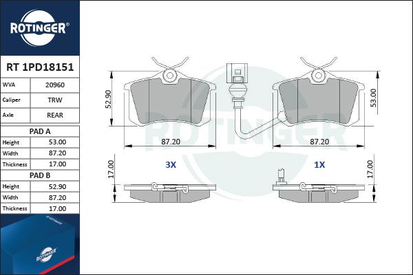 Rotinger RT 1PD18151 - Тормозные колодки, дисковые, комплект autospares.lv