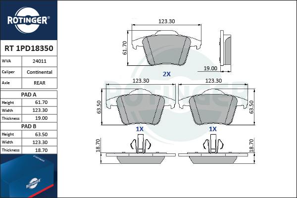 Rotinger RT 1PD18350 - Тормозные колодки, дисковые, комплект autospares.lv