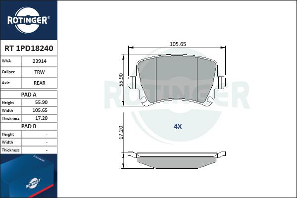 Rotinger RT 1PD18240 - Тормозные колодки, дисковые, комплект autospares.lv
