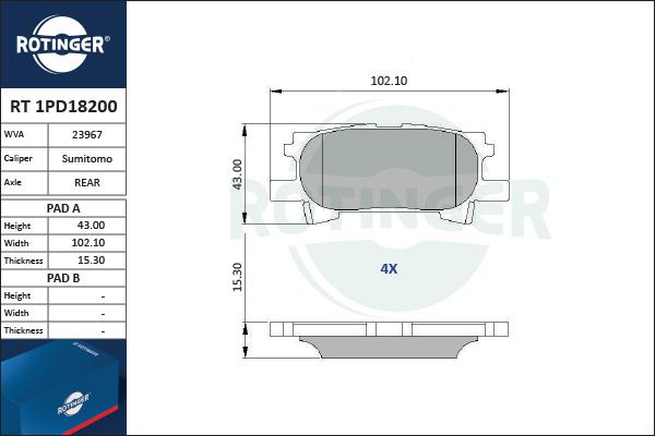 Rotinger RT 1PD18200 - Тормозные колодки, дисковые, комплект autospares.lv