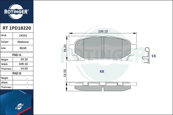 Rotinger RT 1PD18220 - Тормозные колодки, дисковые, комплект autospares.lv