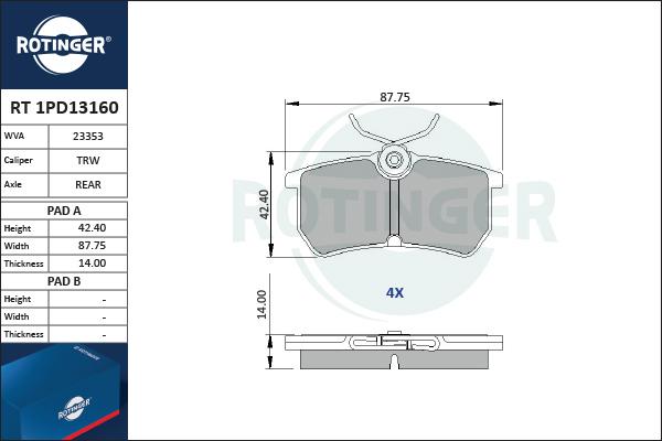 Rotinger RT 1PD13160 - Тормозные колодки, дисковые, комплект autospares.lv