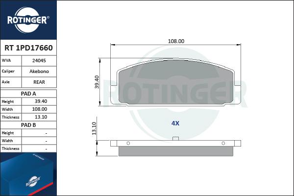 Rotinger RT 1PD17660 - Тормозные колодки, дисковые, комплект autospares.lv