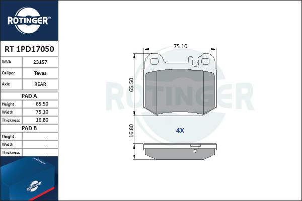 Rotinger RT 1PD17050 - Тормозные колодки, дисковые, комплект autospares.lv