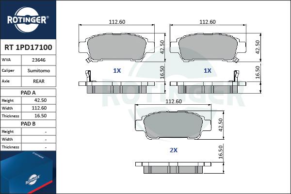 Rotinger RT 1PD17100 - Тормозные колодки, дисковые, комплект autospares.lv