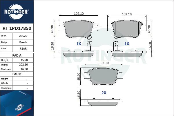 Rotinger RT 1PD17850 - Тормозные колодки, дисковые, комплект autospares.lv