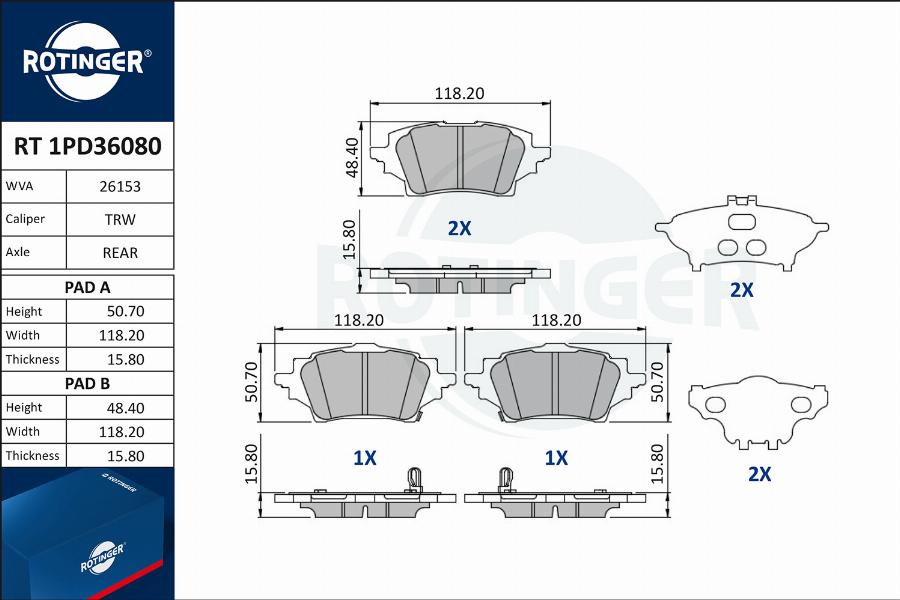 Rotinger RT 1PD36080 - Тормозные колодки, дисковые, комплект autospares.lv