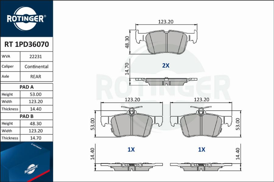 Rotinger RT 1PD36070 - Тормозные колодки, дисковые, комплект autospares.lv