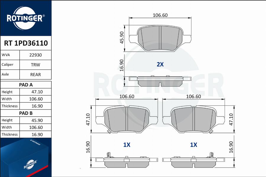 Rotinger RT 1PD36110 - Тормозные колодки, дисковые, комплект autospares.lv