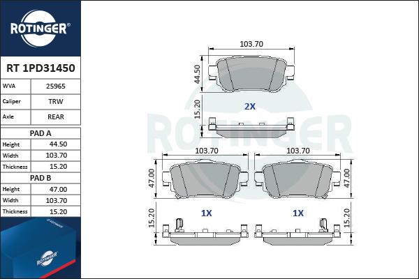 Rotinger RT 1PD31450 - Тормозные колодки, дисковые, комплект autospares.lv