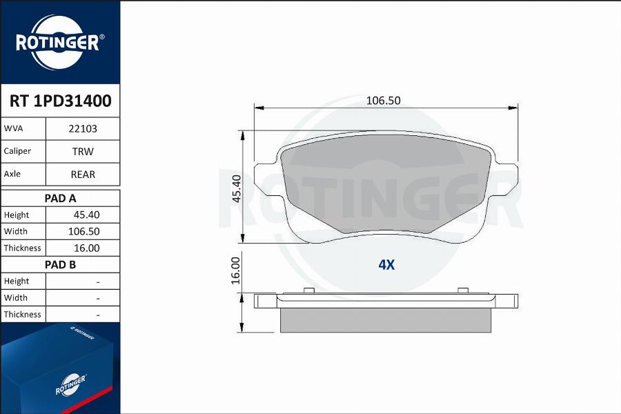 Rotinger RT 1PD31400 - Тормозные колодки, дисковые, комплект autospares.lv